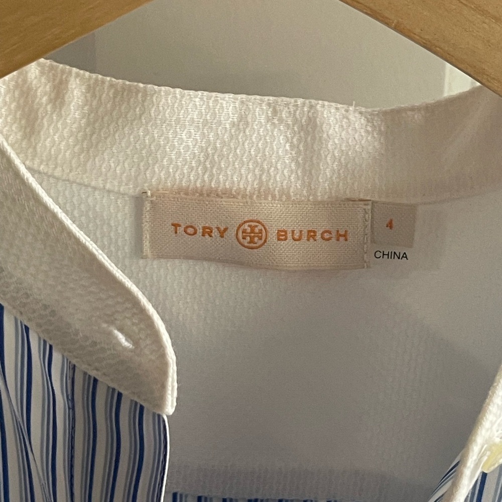 TORY BURCH Cora Cotton Shirt Dress Tunic Blue White Pinstripe Button Down 4 - Picture 2 of 11